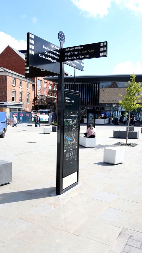 Smart City wayfinding system for Lincoln | fwdesign | ESI External Works Public Signage, City Signage, Smart City Design, Directional Signs Design, Map Signage, Wayfinding Signage Design, Wayfinding Signs, Sign System, Wayfinding System