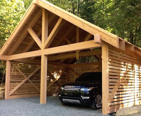 Three Cedar Projects in Three Days with Colin & Justin Carport With Wood Slats, Wooden Carport Ideas, Diy Wood Carport, Cedar Carport Ideas, Cedar Carport, Carport Pavilion, Wooden Garages, Cedar Projects, Wooden Carports