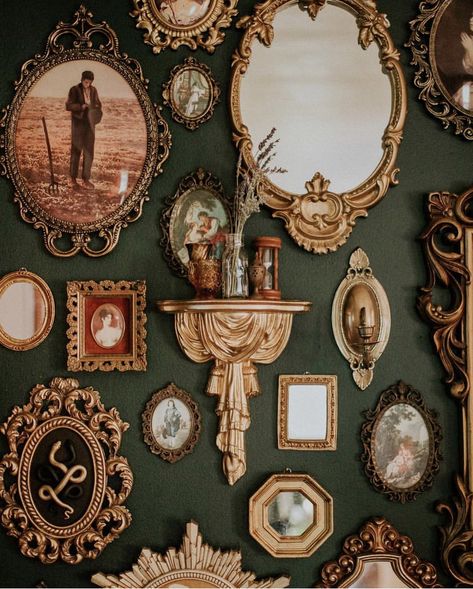 Dark Room With Gold Accents, Moody Gallery Wall Bedroom, Victorian Wall Collage, Green Wall With Gold Frames, Witchy Collage Wall, Victorian Gallery Wall Ideas, Vintage Frames Gallery Wall, Dark Academia Mural, Asymmetrical Wall Decor