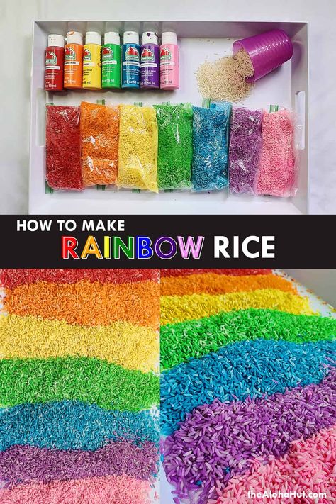 Learn how to make rainbow rice and colored pasta for sensory play bins and sensory guided play. Easy and cheap activity for toddlers and kids that can be added to their sensory bins to make learning fun and engaging. This DIY colored rice tutorial can also be used to make colored pasta, colored salt, or any other medium you'd like to use with your sensory bin. Great activity for toddlers with parent supervision or for preschool aged kids. We love to make themed sensory bins with rice! Bag Of Rice, Dyed Rice, Diy Sensory Toys, Toddler Sensory Bins, Baking Easy, Easy Peasy Lemon Squeezy, Rainbow Rice, Diy Dye, Baking Trays