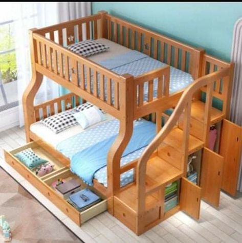 Double Deck Bed Ideas, Stairs And Storage, Bunk Bed With Stairs, Bunker Bed, Bed With Stairs, Kids Bed Design, Wooden Bed Design, Bunk Bed Designs, Kids Bedroom Designs