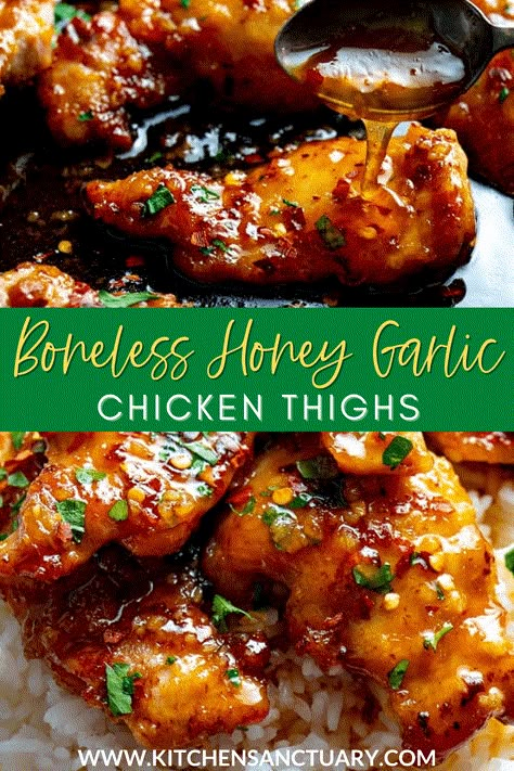 Sticky tender boneless chicken thighs in a garlic, soy and honey sauce. Minimal ingredients, simple to prepare and ready in 20 minutes! #honeygarlicchicken #honeychicken #chinesechicken #chickenthighs #garlicchicken Easy Honey Garlic Chicken, Garlic Chicken Thighs, Honey Chicken Recipe, Honey Garlic Chicken Thighs, Garlic Chicken Recipes, Boneless Chicken Thigh Recipes, Honey Sauce, Honey Chicken, Boneless Chicken Thighs