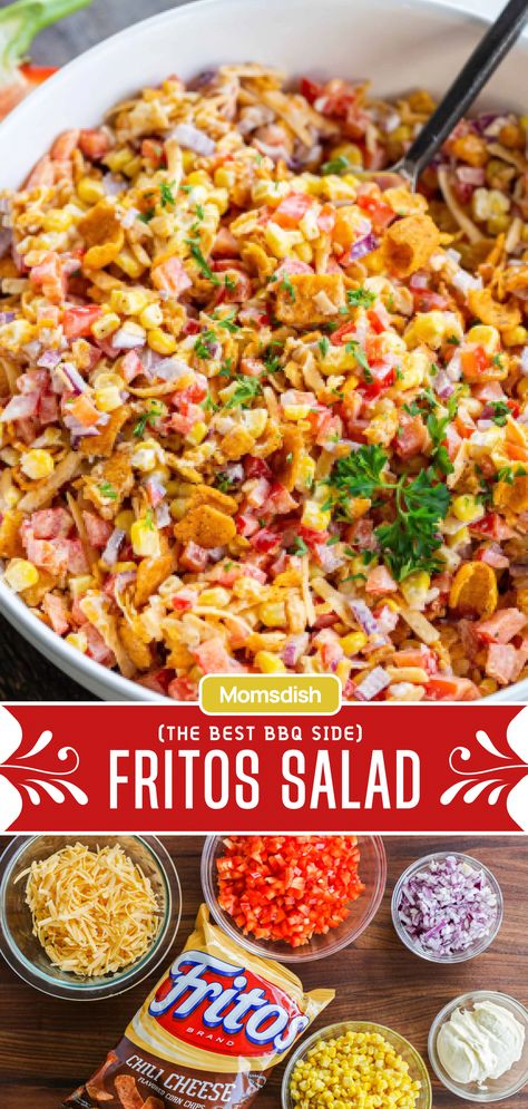 Chili Cheese Corn Salad, Fritos Chili Cheese Salad, Fritos Recipes Appetizers, Hoop Salad Frito Recipe, Chilli Cheese Fritos Recipes, Easy Cold Dinner Ideas For Hot Days, Office Food Ideas Potlucks, Viral Frito Corn Salad, Frito Salad Recipes