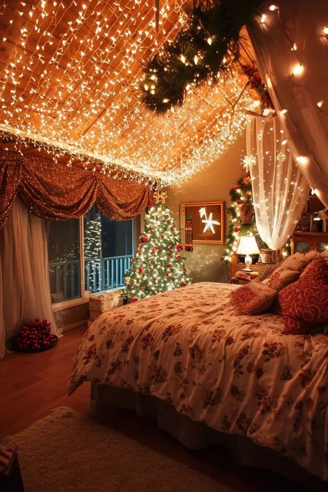 25 Magical Christmas Lights Bedroom Ideas for a Dreamy Glow - Roomy Retreat Christmas Decorations For Room Bedrooms, Cozy Bedroom Ideas Christmas, Christmas Lights Aesthetic Bedroom, Christmas Bedroom Lights, Indoor Christmas Lights Ideas Ceilings, Christmas Lights Interior, Twinkle Lights Bedroom Ideas, Christmas Ceiling Decor Ideas, Cozy Bedroom Christmas Decor