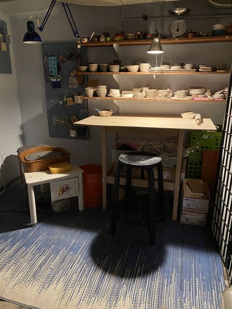 Pottery Studio Refresh — The Midwestern Jungle. Small Home Ceramic Studio, Pottery Corner At Home, Pottery Room At Home, Small Home Pottery Studio, Small Pottery Studio Ideas, Garage Pottery Studio, Pottery Room Ideas Design Studios, Ceramic Studio Ideas, Pottery Shelves