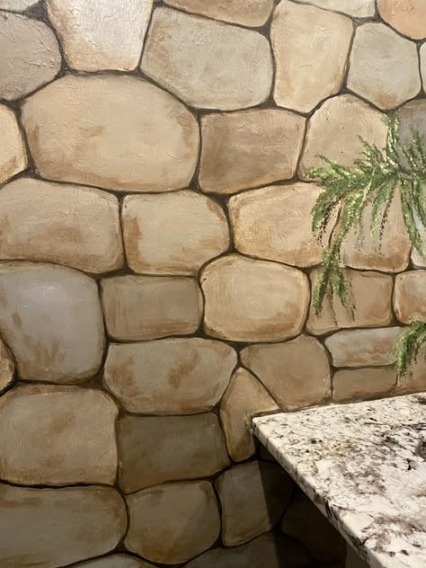 Close- Up view of the faux painted rocks for an Old World Feel Painted Rock Walls Exterior, Rock Wall Painting, Painting A Stone Wall, Stone Wall Painting, Painted Stone Wall, Stone Wall Drawing Tutorial, Watercolor Stone Wall, How To Paint Castle Walls Faux Stone, Faux Rock Walls