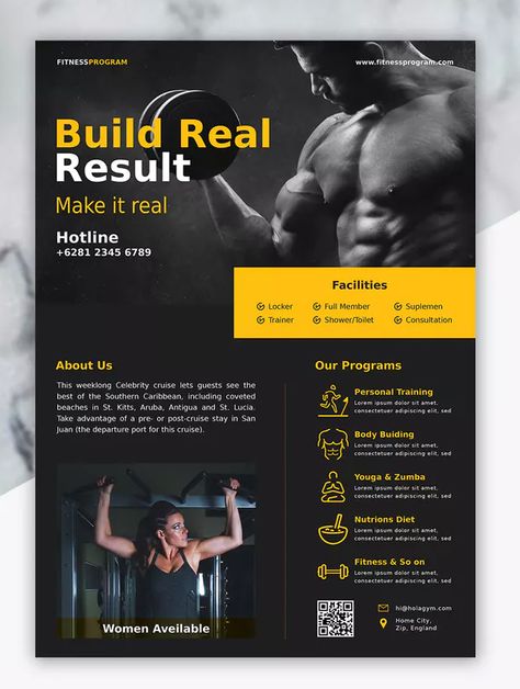 Fitness Flyer Template AI, EPS, PSD. Download Gym Rules Poster, Gym Business Card, Gym Flyer, Fitness Poster, Gym Business, Fitness Branding, Fitness Marketing, Fitness Flyer, Poster Sport