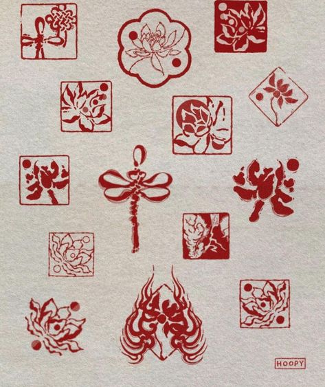 Chinese Aesthetic Tattoo, Small Red Japanese Tattoo, Flower In A Square Tattoo, Asian Pattern Tattoo, Peranakan Tattoo, China Inspired Tattoos, Red Ink Tattoo Men, Red Buddha Tattoo, Asian Sun Tattoo