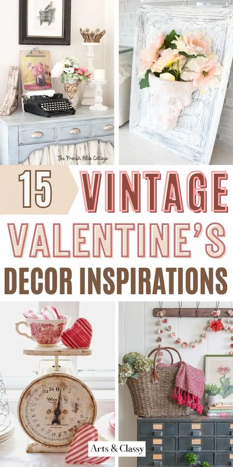 Timeless Beauty: Vintage Valentine's Day Decor - Explore the timeless beauty of vintage with our collection of Valentine's Day decor inspirations. Transform your space into a haven of classic charm. Valentines Apothecary Jars, Antique Booth Valentine Display, Milk Glass Valentines Decor, Valentines Day Lantern Ideas, Milk Glass Valentine Display, Valentine Cloches Decor Ideas, Vintage Valentine Decorating Ideas, Boutique Valentine Ideas, Galentines Aesthetic Vintage