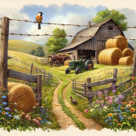 Farm Canvas Painting, Country Scenes Farms Landscapes, Farm Scenery Landscapes, Farm Drawing Landscape, Farm Field Painting, Emmy Kalia, Farm Scene Paintings Country Life, Birds Scenery, Farm Scene Painting