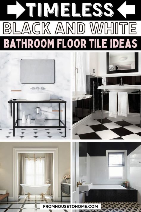 Timeless Black and White Bathroom Floor Tile Ideas | Interior Designing Black And White Patterned Tile Bathroom, Bathroom Tiles Black And White, Modern Black And White Bathroom Tile, Bathroom Black White Tile, Bathroom With Black And White Tile, Black And White Bathroom Floors, Octagon And Dot Tile Bathroom, Black And White Tile Floor Bathroom, Black And White Checkered Floor Bathroom