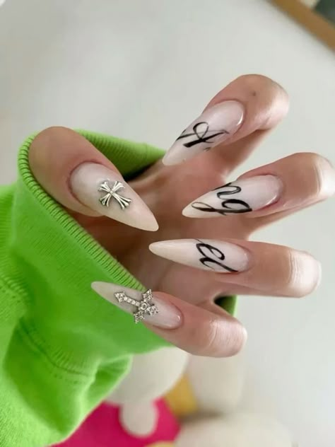 Cursive Nail Design, Nails Words Writing, Cursive On Nails, Writing On Nails Words, Nails With Writing, Writing On Nails, Calligraphy Nails, Writing Nails, Nails Chrome Heart