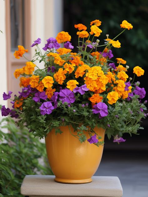 Container Gardening Flowers Ideas, Flower Combinations For Planters, Container Gardening Flowers Combinations, Flower Pot Combinations Container Plants, Pots In Flower Beds Landscaping, Annual Flowers In Containers, Decorating A Deck For Summer, Marigold Planters, Container Flowers Combinations