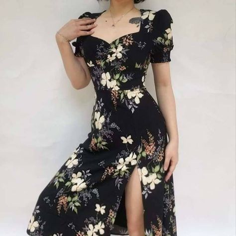 Flowery Dress Aesthetic, Black Sundress Outfit, Black Floral Sundress, Sundress Outfit, Flowery Dress, Black Sundress, Flowery Dresses, Fe Clothing, Dress Aesthetic