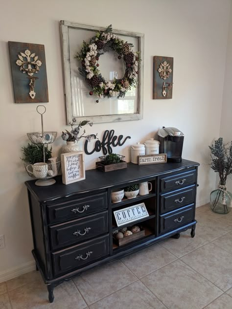 Dresser As Dining Room Buffet, Dining Room Dresser Styling, Mirror Above Coffee Bar, Wine Buffet Decor Ideas, Coffee Bar Ideas Dining Rooms, Coffee Station In Dining Room, Dresser In Dining Room Ideas, Buffet Ideas Decor, Decorate Buffet Table In Dining Room