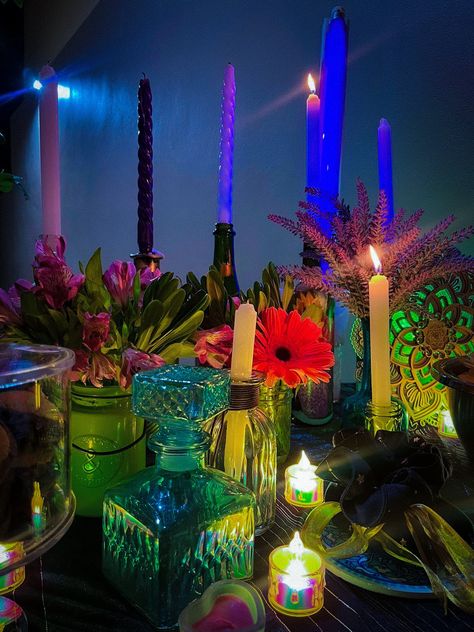 Whimsygoth witchy party 24lights and candles Witchy Party Aesthetic, Maximalist Birthday Party, Witchy Themed Birthday Party, Trippy Party Ideas, Cosmic Party Theme, Witchy Party Ideas, Witchy Birthday Party, Witchy Birthday, Witchy Party