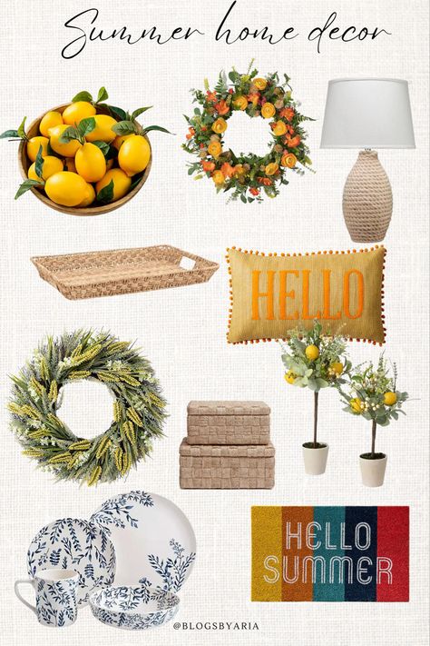 Summer home decor finds. I like to add faux lemons to my decor during the summer, switch out my wreath and doormat and use natural textures for an easy refresh! lemon decor • summer wreath • woven basket • outdoor pillow • summer dinnerware Follow my shop @BlogsbyAria on the @shop.LTK app to shop this post and get my exclusive app-only content! #liketkit #LTKSeasonal #LTKFind #LTKhome @shop.ltk https://liketk.it/4b5GL Bright Summer Decor, Home Summer Decor, Indoor Summer Decor, Summer Bbq Decorations, Summer Decorations For Home, Summer Home Decor Ideas, Outdoor Summer Decor, Summer Birthday Party Decorations, Summer Table Centerpieces