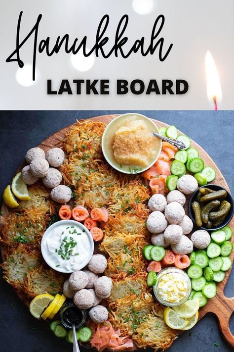 Hanukkah Latke Board Ideas Hanukkah Party Food, Hanukkah Dinner, Diy Hanukkah, Chanukah Party, Hanukkah Food, Jewish Recipes, Perfect Appetizers, Simple Recipes, Board Ideas