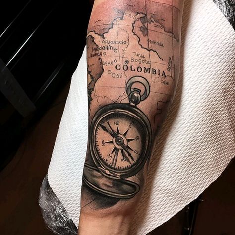 Colombian Tattoo, Clock Tattoo Sleeve, Compass And Map Tattoo, Soccer Tattoos, Map Tattoo, Coordinates Tattoo, Mens Lion Tattoo, Pirate Tattoo, Buddha Tattoos