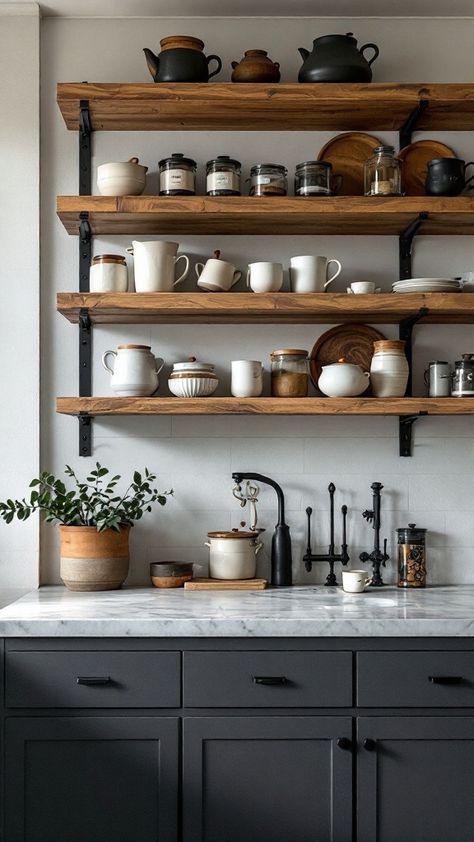 Discover sleek industrial shelving to organize your kitchen 🌟 Ideal for open storage with a modern vibe. Industrial Modern Kitchen Ideas, Kitchen Shelving Ideas Above Sink, Kitchen Bar Shelves, Long Kitchen Shelves, Industrial Cabinet Design, Open Shelving Storage Ideas, Exposed Shelves Kitchen, Open Cabinet Kitchen, Kitchen Wall Storage Ideas