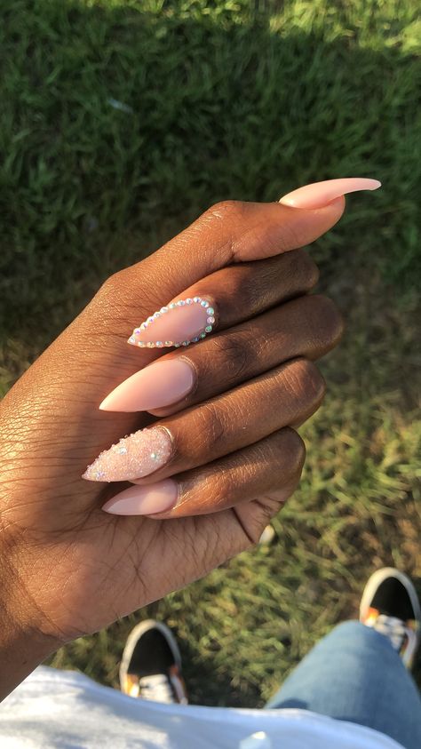 Nude nails with rhinestones💎#rhinestonenails #nudenails #nails #promnails Rhinestone Outline Nails, Solid Color Nails With Rhinestones, Almond Nail Rhinestones, Minimal Rhinestone Nails, Almond With Rhinestones, Nude Rhinestone Nails, Neutral Almond Nails With Rhinestones, Birthday Nails With Rhinestones, Nails With Stones Rhinestones