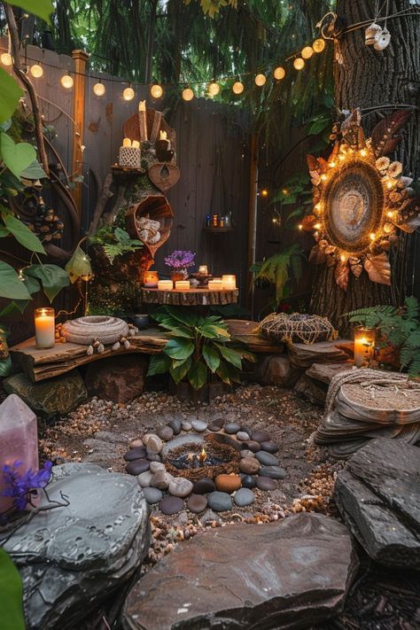 Sanctuary Garden Design, Hedge Witch Home Decor, Fairy Garden Backdrop Ideas, Nature Furniture Design Inspiration, Witchy Front Porch Ideas, Garden Witch Decor, Witchy Cottage Core Aesthetic, Backyard Small Garden Ideas, Witchy Backyard Ideas