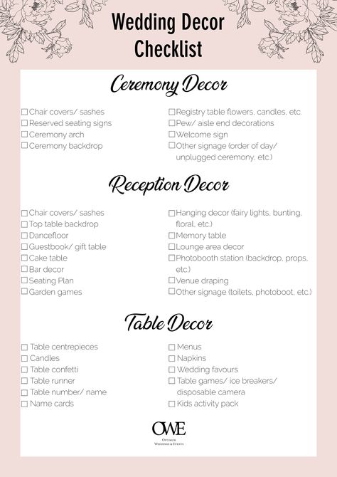 wedding decor checklist Decorations Needed For Wedding, Flower Checklist For Wedding, Wedding Venue Types, Wedding Decorator Checklist, Wedding Reception Checklist Detailed, Wedding Decor Checklist Detailed, Types Of Wedding Decor Styles, Simple Wedding Reception Decorations Indoor, Wedding Venue Must Haves