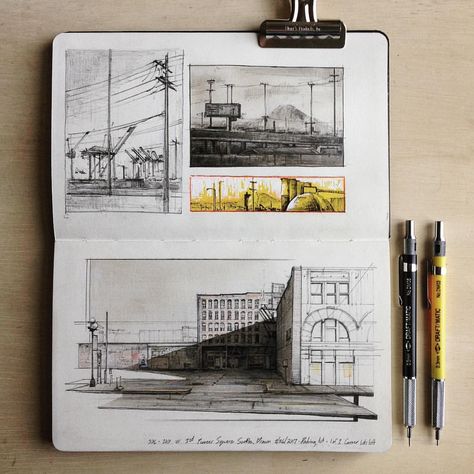 3,190 Likes, 34 Comments - Jerome Tryon (@jerometryon) on Instagram: “Vignettes of my morning commute on top and a parking lot in pioneer square on the bottom. One of 2…” Sketching Styles, Some Drawings, Architecture Drawing Sketchbooks, Handmade Sketchbook, Architecture Sketchbook, Architecture Design Sketch, Architecture Drawing Art, Architectural Sketch, Architectural Drawing