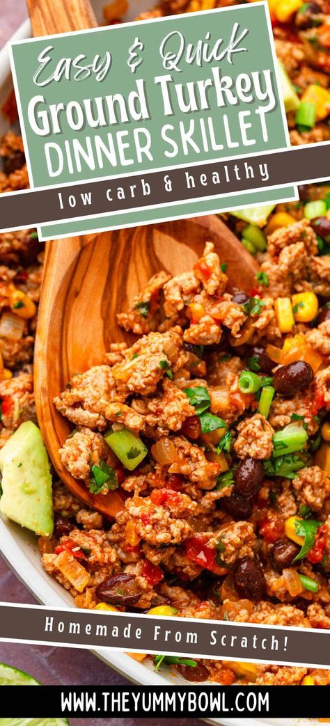 This Ground Turkey Taco Skillet is a quick, flavorful dinner with all the taco goodness you crave. Ready in just 15 minutes, it's perfect for busy weeknights! Packed with ground turkey, black beans, and loads of flavor, this skillet meal is perfect for meal prep. Ground Turkey Prep Meals, Healthy Meat Meal Prep, Ground Turkey With Chickpeas, Thm Ground Turkey Recipes, Ground Turkey Rice Bowl Recipes, Ground Turkey Leftover Recipes, Ground Turkey Protein Meals, Crockpot Ground Turkey Recipes Healthy, Recipes With Ground Turkey Sausage