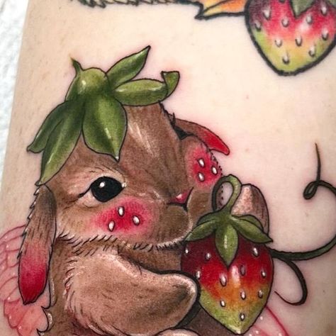 Shelbi | Missouri Tattoo Artist on Instagram: "Strawberry BunFey 
2.5hrs 
.
.
.
.
.
.
#rabbittattoo #rabbit #tattoo #rabbits #rabbitsofinstagram #bunnytattoo #bunny #rabbitlife #rabbithole #rabbitsworldwide #rabbitoftheday #rabbitlovers #rabbitofig #rabbitears #tattoos #rabbitsoftheworld #bunnylove #rabbitsofig #ink #blackwork #tattooartist #rabbitohs #rabbitstagram #rabbitlove #rabbitaccount #haretattoo #animaltattoo #tattooart #rabbitsunited #tattoodesign" Missouri Tattoo, Cottagecore Tattoo, Native American Mythology, Strawberry Tattoo, Unique Rabbit, Rabbit Tattoo, Rabbit Life, Bunny Tattoos, Stylish Tattoo