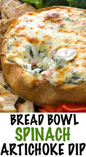 A rich and creamy Hot Spinach and Artichoke recipe dip is easy, delicious and totally cheesy! Once mixed, this dip is baked until warm and melty in a bread bowl and will be the hit of any game day party. Spinach Dip In Bread Bowl, Dip In Bread Bowl, Hot Spinach And Artichoke Dip, Dip Bread Bowl, Cheesy Spinach Dip, Artichoke Recipe, Appetizers Easy Dips, Chicken Food Recipes, Spinach And Artichoke Dip