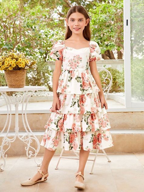 Floral Long Frocks For Kids, Kids Long Frocks Design Latest, Floral Design Frocks, Organza Frocks For Kids, Long Frocks For Kids, Floral Long Frocks, Floral Print Frock, Frock Designs For Girl, Cotton Frocks For Kids