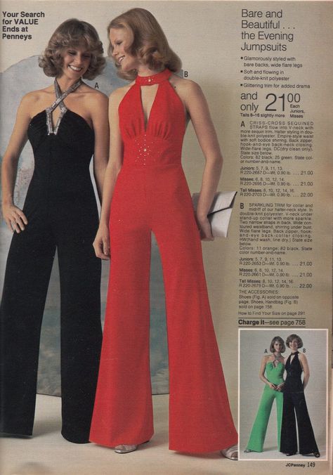 Jumpsuit - It is a garment that includes pants and a top all in one connected outfit. It is a unisex garment. It became very popular during the 70s. Look Disco, 70s Fashion Disco, 70s Jumpsuit, Outfit Essentials, Disco Fashion, 60s 70s Fashion, 70s Women, 70s Inspired Fashion, 70s Outfits