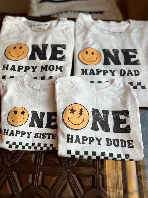 **Celebrate with Custom "One Happy Dude" Birthday Shirts for the Whole Family - Featuring a Cute Nostalgic Smiley Face Make your birthday celebration unforgettable with our custom "One Happy Dude" birthday shirts, designed to bring smiles and joy to the entire family! Featuring an adorable nostalgic smiley face, these shirts can be personalized for each family member, adding a unique and cheerful touch to your special day. Perfect for creating memorable family photos and spreading happiness, the One Smiley Dude Birthday, One Happy Dude Shirt, One Happy Dude Birthday Outfit, One Happy Dude 1st Birthday, Cute First Birthday Ideas For Boys, One Happy Dude Theme, First Birthday Boy One Happy Dude, 1 Happy Dude Birthday, One Rad Dude First Birthday