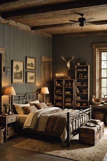 Cabin Bedding Rustic, Rustic Cabin Home Decor, Vintage Cozy Room Ideas Aesthetic, Rustic Bedroom Paint Colors, Cabin Bedroom Ideas Rustic, Small Rustic Bedroom, Vintage Western Bedroom, Small Country Bedroom, Primitive Bedroom Decor