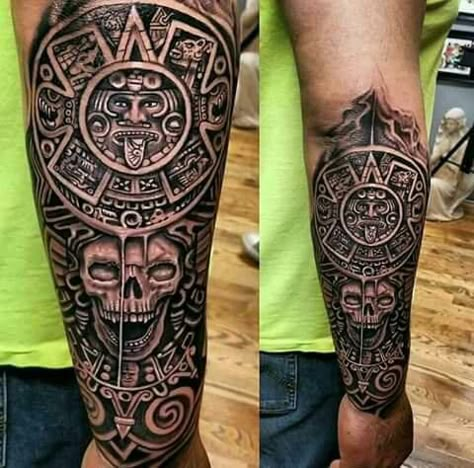 Aztec Calender Tattoo Designs, Aztec Men Tattoos, Mexican Half Sleeve Tattoo, Aztec Tattoo Sleeve Men, Mayan Tattoos Men Forearm, Mexico Sleeve Tattoo, Mexican Tattoo Ideas For Men Forearm, Aztec Style Tattoos, Aztec Leg Tattoo Men