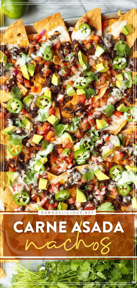 CARNE ASADA NACHOS, football party, finger food Carne Asada Nachos, Asada Nachos, Easy Carne Asada, The Best Nachos, Best Nacho Recipe, Best Nachos, Best Party Appetizers, Simple Appetizer, Finger Food Ideas