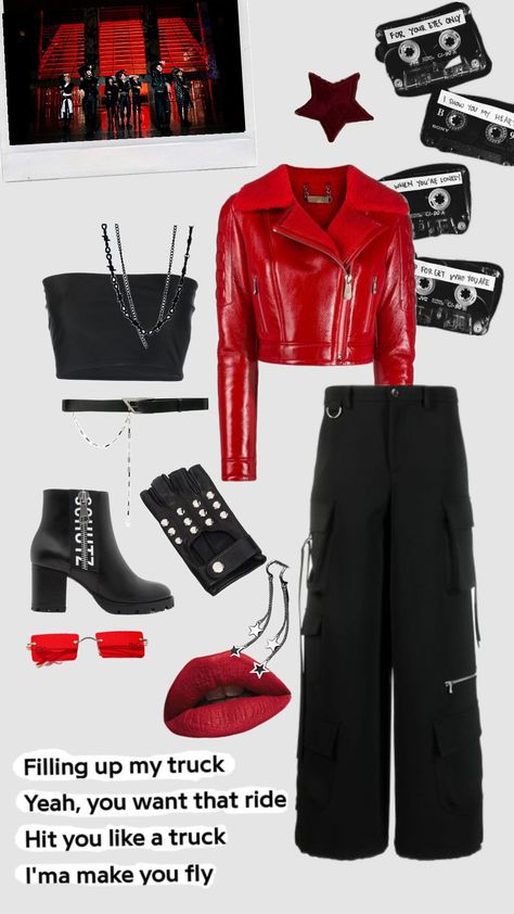 ChkChkBoom inspo #straykids #skz #outfit #fashion Straykids Outfit Concert, Chk Chk Boom Outfit, Hyunjin Chk Chk Boom Outfit, Stray Kids Concert Outfit Ideas Dominate, Dominate Tour Outfit, Skz Dominate Tour Outfits, Red And Black Concert Outfit, Straykids Concert Outfit, Skz Concert Outfit Ideas