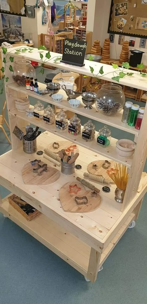 Reggio Inspired Classrooms Art Area, Reggio Inspired Writing Area, Reggio Inspired Daycare, Reggio Emilia Art Area, Science Area Preschool Classroom Center Ideas, Continuous Provision Eyfs Areas, Playdough Station Curiosity Approach, Playdough Provocations Reggio, Loose Parts Classroom Set Up