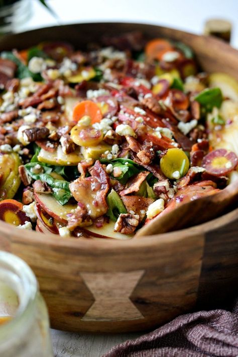 Fall Harvest Salad with Warm Maple Bacon Vinaigrette - Simply Scratch Antipasto Wreath, Warm Spinach Salad, Coney Dogs, Fajita Rice, Fall Harvest Salad, Bacon Vinaigrette, Sausage Bites, Greek Orzo, Veggie Rice