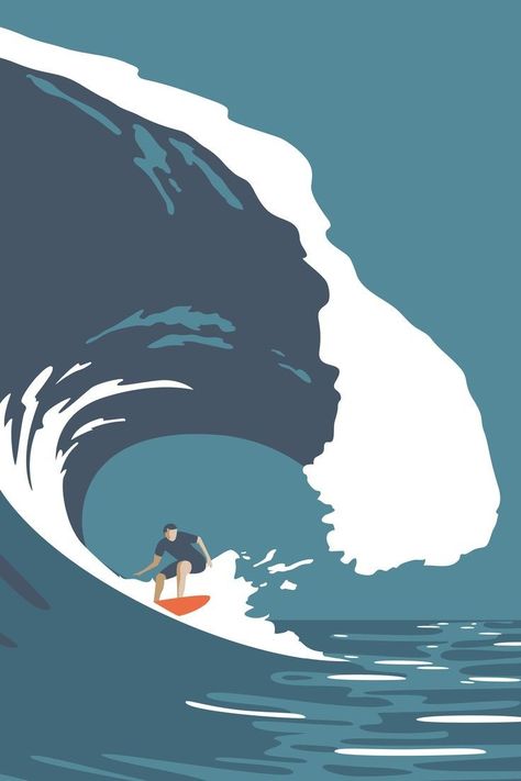 Surfer Graphic Design, Anime Surfing, Surfing Drawing, Coastal Illustration, Surfing Illustration, Wave Barrel, Surf Illustration, Vintage Vibes Retro, Surf Drawing