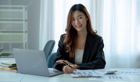 Premium Photo | Charming asian woman working at the office using a laptop looking at the cameraxa Romanian Women, Banks Office, Accounting Firm, White Photo Frames, Female Office, Full Hd Photo, Work Pictures, Office Pictures, Service Women