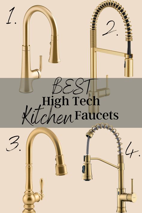 Farmhouse Kitchen Faucet Ideas, Brushed Brass Kitchen Faucet, Modern Gold Kitchen, Brass Kitchen Faucets, Kitchen Faucet Styles, High Tech Kitchen, Tech Kitchen, Kitchen Faucet Ideas, Brass Kitchen Hardware