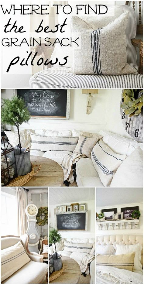 A great source for excellent quality grain sack pillows - a must pin for farmhouse style & cottage style authentic grain sack pillows. Grain Sack Pillows, Grain Sack, Style Cottage, Drop Cloth, Farmhouse Pillows, Country Farmhouse Decor, French Farmhouse, Shabby Chic Homes, Farmhouse Living