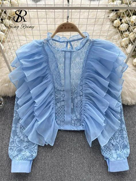 SINGREINY Women Ruffles OL Vintage Blouse O Neck Long Sleeves Lace Patchwork Casual Top French Sheer Hotsweet Loose Sexy Shirt _ - AliExpress Mobile Crochet Lace Shirt, Ruffles Blouse, Cotton Tops Designs, Women Lace Blouse, Lace Blouses, Lace Long Sleeve Shirt, Lace Blouse Long Sleeve, Short Blouses, Floral Embroidered Top