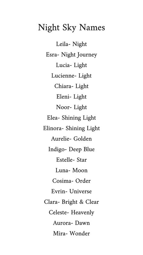 Night sky names for girls Nicknames Related To Moon, Light Names Ideas, Names Related To The Moon, Luna Username Ideas, Unique Women Names, Moon Related Username, Names That Means Star, Username With Meaning, Username Ideas For Writers