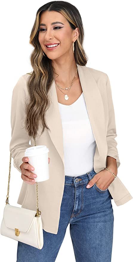 Beige Blazer with 3/4 length sleeves. Avilble in more colours! Suit Jacket And Jeans Women, Outfits Blazer Beige, Light Beige Blazer Outfit, Beige Suits Women, Blazer Beige Outfit Mujer, Cream Blazer Outfits For Women, Outfit Marzo, Beige Blazer Outfits Women, Khaki Blazer Outfit