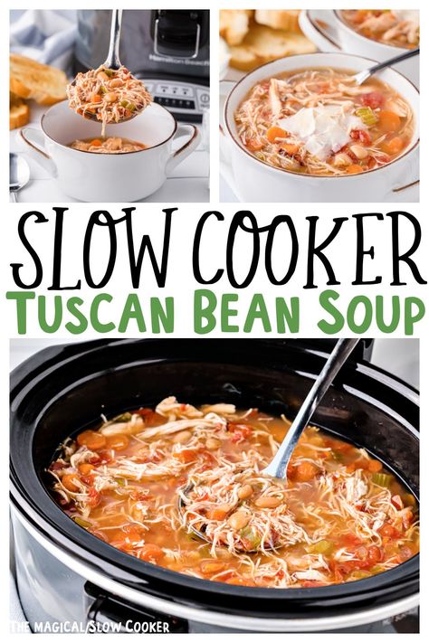 White Bean Soup Crock Pot, Bean Soup With Chicken, Chicken And White Bean Soup, Slow Cooker Tuscan Chicken, Mediterranean Soups, Bean Soup Crockpot, Tuscan White Bean Soup, Tuscan White Bean, Tuscan Bean Soup