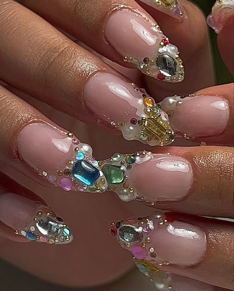 Artistic French Nails, Rhinestone Junk Nails, Simple Junk Nails, Bling French Nails, Simple Bling Nails, Bad Nails, Crazy Nail Designs, French Manicures, Nail Trend