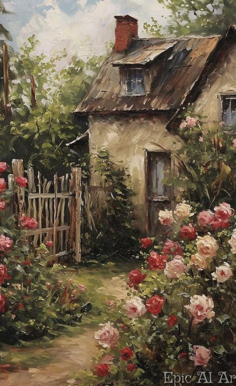 Countryside Decor, Books Stickers, Painting Summer, Romantic Home, Romantic Home Decor, Wood Prints, Cottage Art, Landscape Art Painting, Rustic Cottage